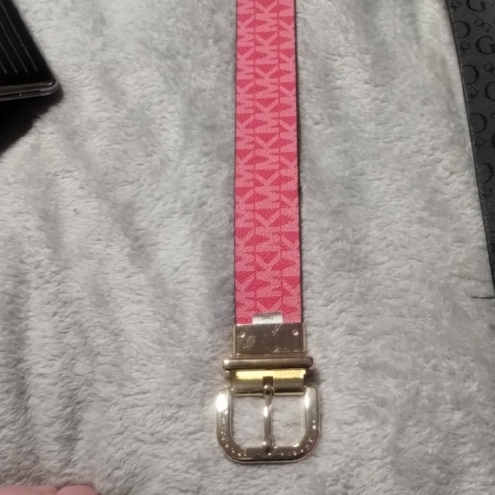 Michael Kors Pink Leather Belt with Gold Buckle and Textured Design